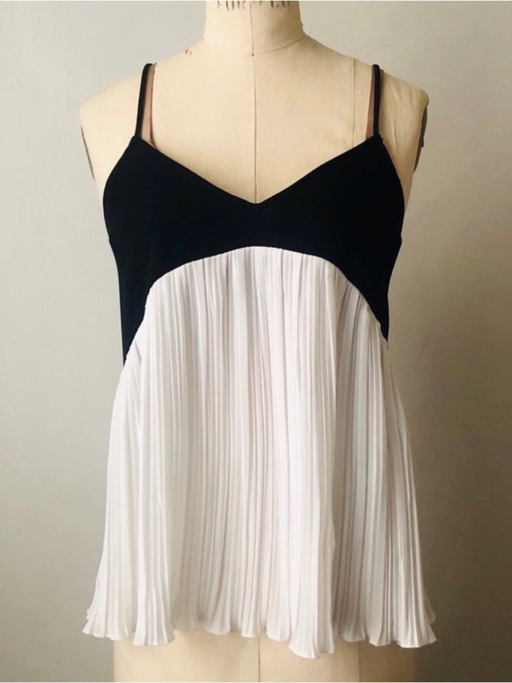 Zara Black and White Pleated Spaghetti Strap Tank, Size Small